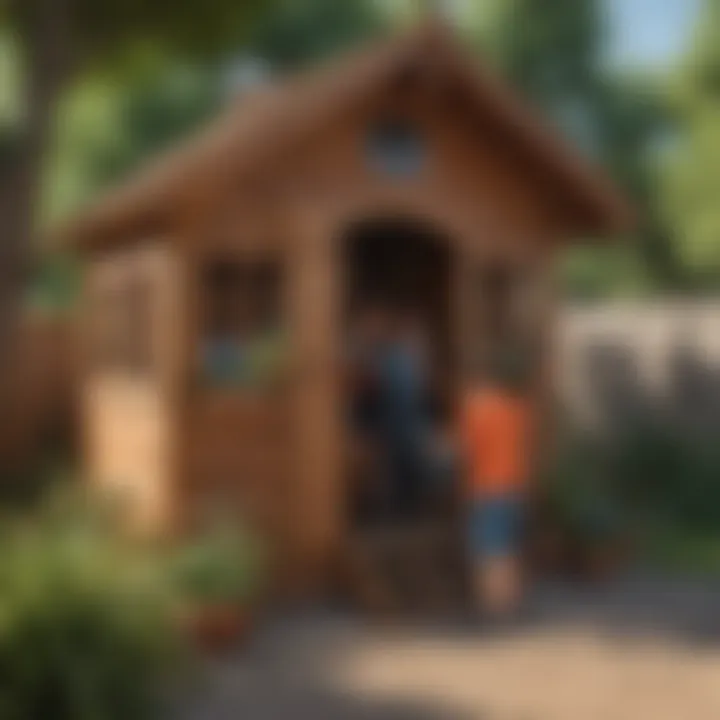 Kids playing creatively in the outdoor wooden playhouse