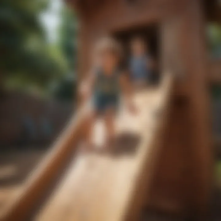 Kids engaging in active play on a wooden playhouse slide