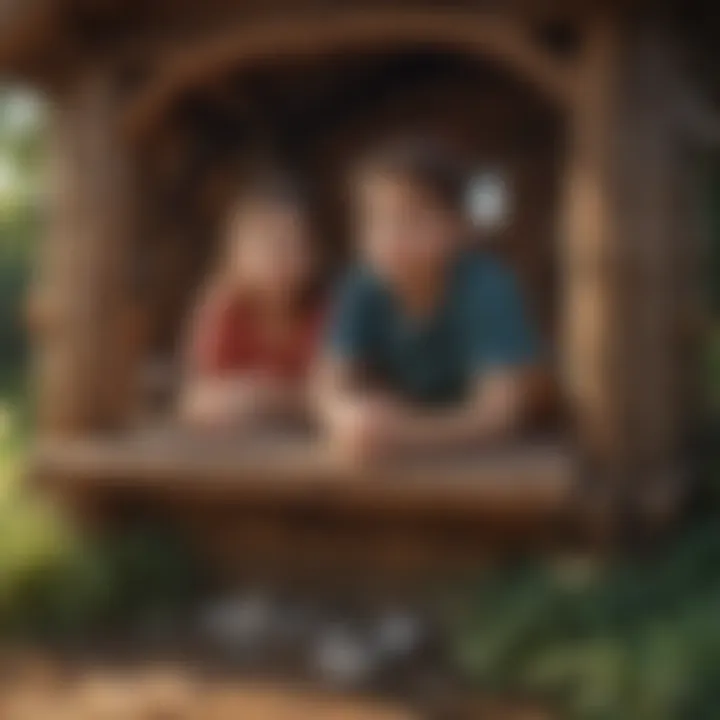 Kids playing in a wooden fort