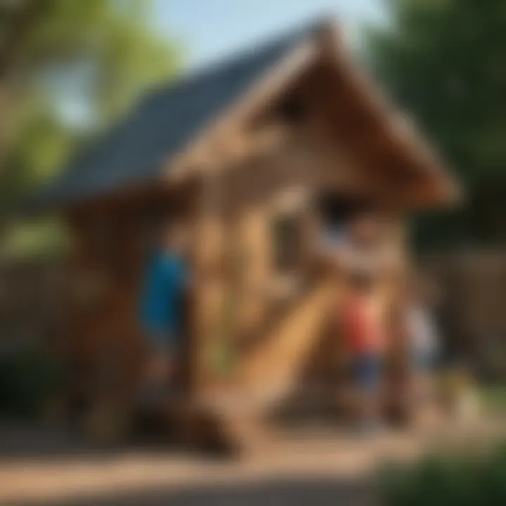 Children playing in a completed wooden playhouse