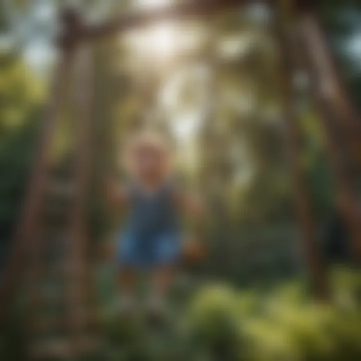 Child on a playset surrounded by lush greenery