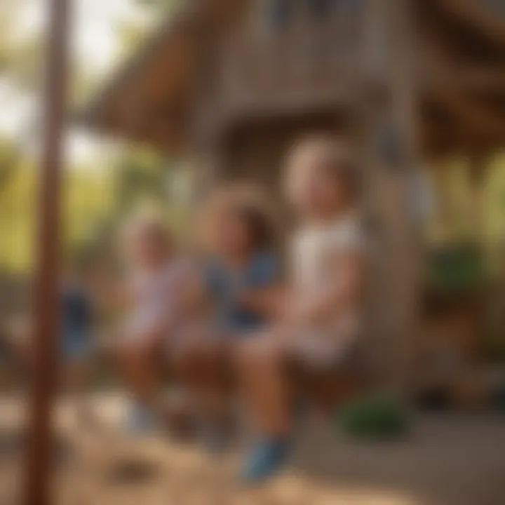 Children laughing and playing on a swing set in a playhouse