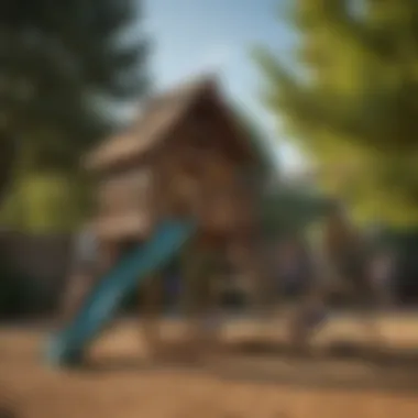 Children enjoying outdoor fun on small swingset with slide under sunny skies