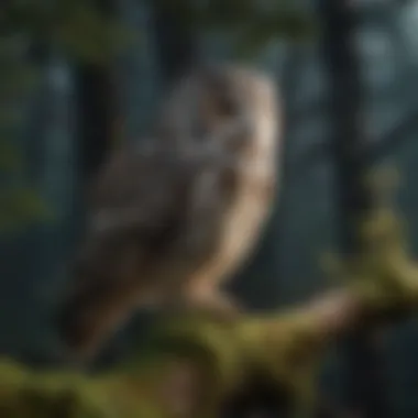 Majestic Owl perched on a moss-covered branch in the moonlight