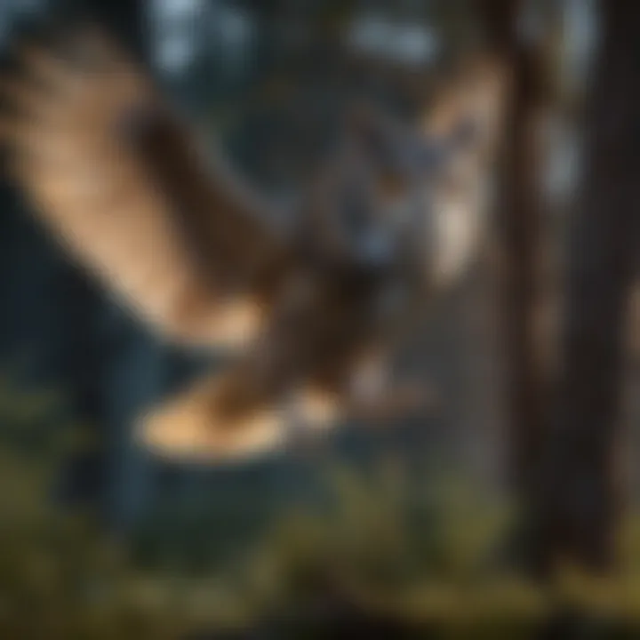 Owl swooping down gracefully with outstretched wings in a twilight hunt