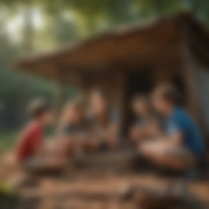 Children socializing and collaborating in an outdoor fort kit