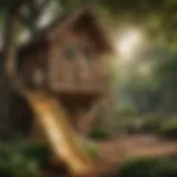 Children playing in a wooden playhouse with a slide and swing