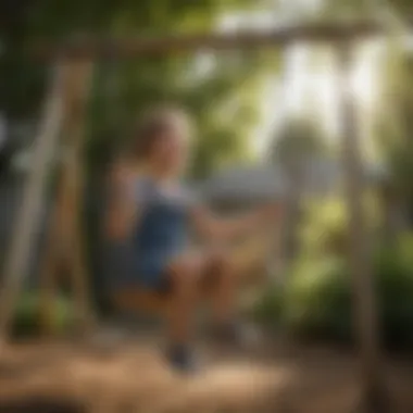 Children enjoying a wooden swing set in the backyard