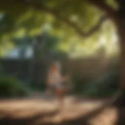 Child enjoying outdoor swing set under a shady tree