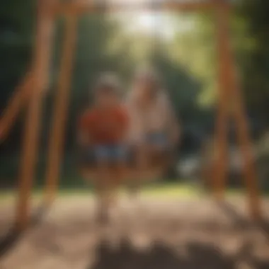 Parent supervising happily as kids enjoy the swing and slide set