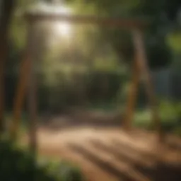 Children playing on a wooden swingset in a lush garden