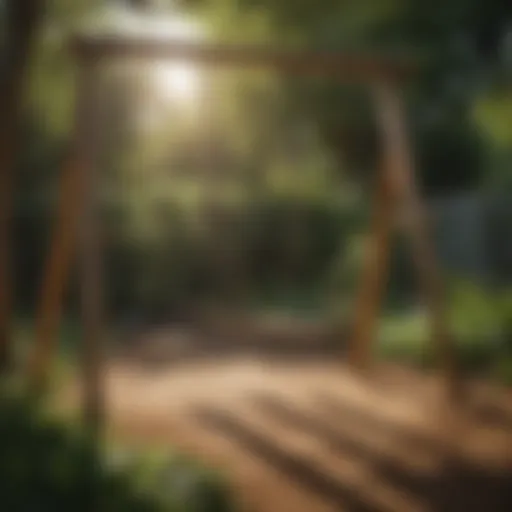 Children playing on a wooden swingset in a lush garden