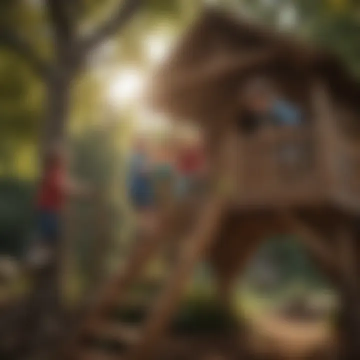 Children playing in a wooden play fort