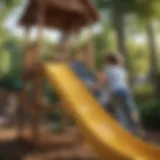 Children playing creatively on outdoor wooden playset with slide