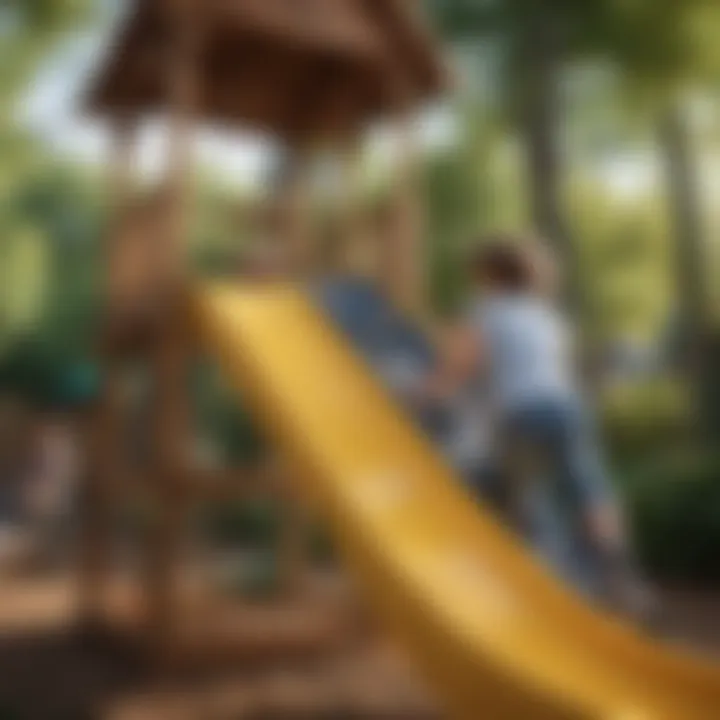 Children playing creatively on outdoor wooden playset with slide