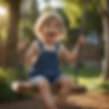 Child playing joyfully on a wooden swing set