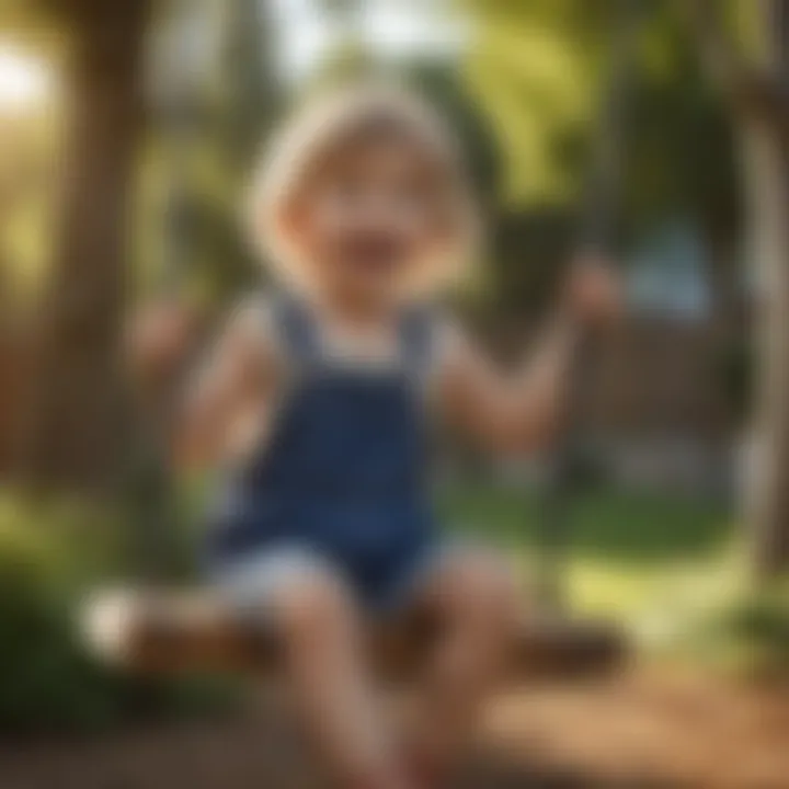 Child playing joyfully on a wooden swing set