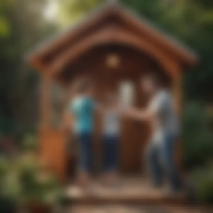 Parent and child happily assembling an outdoor playhouse kit