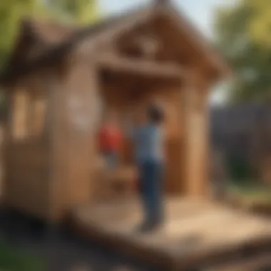 Parent and child assembling a wooden playhouse together