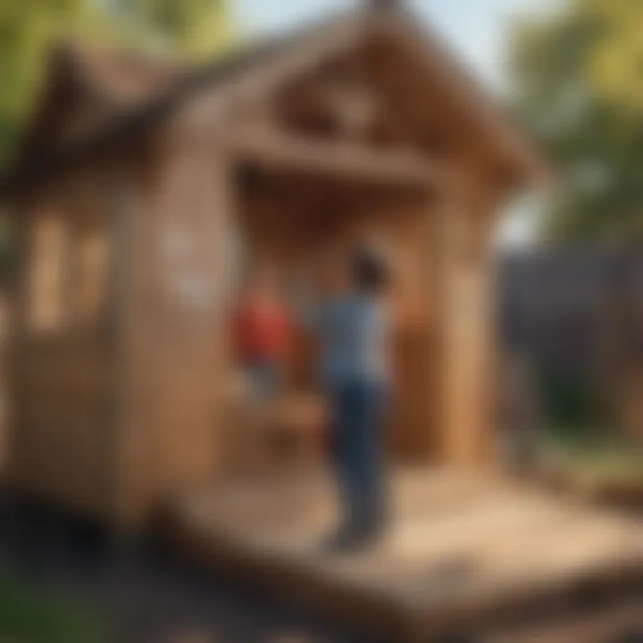Parent and child assembling a wooden playhouse together