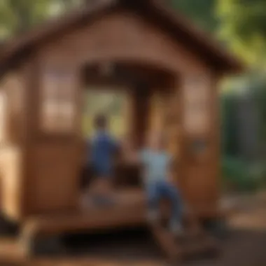 Parent and child engaging in creative play inside a wood playhouse