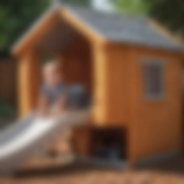 Parent observing child's playtime in a plastic playhouse with slide