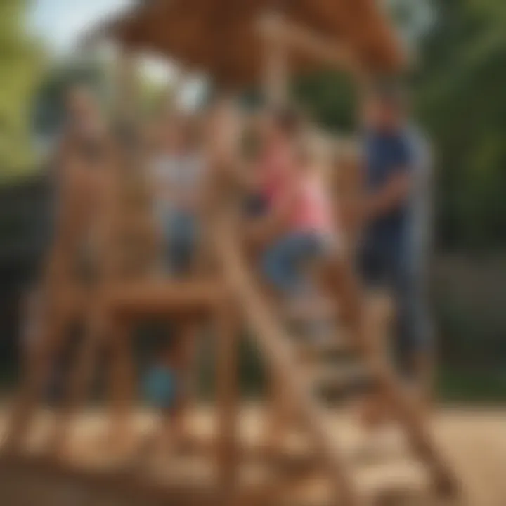 Parents supervising children on a safe and sturdy wooden playset with slide