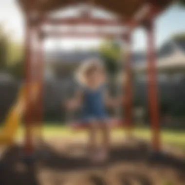 Child Playing on Plastic Swing Set with Playhouse