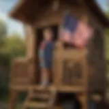 A playful child raising the flag on a playhouse