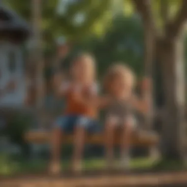 Children Playing Happily on Wooden Swing Set