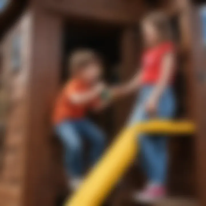 Parent and child interacting with the playhouse climber