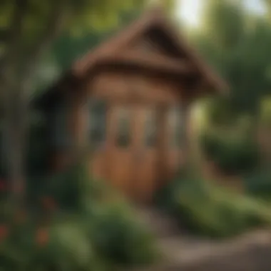 Serene Garden Playhouse Shed Beautifully crafted playhouse shed nestled in a serene garden setting