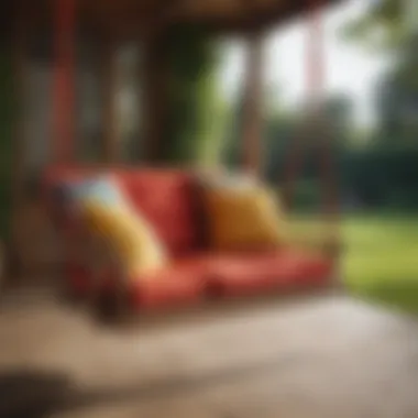 Close-up of red wood swing seat with colorful cushions