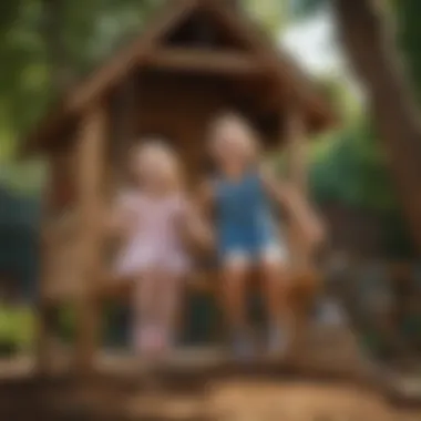 Children laughing and playing on a cedar playhouse swing set