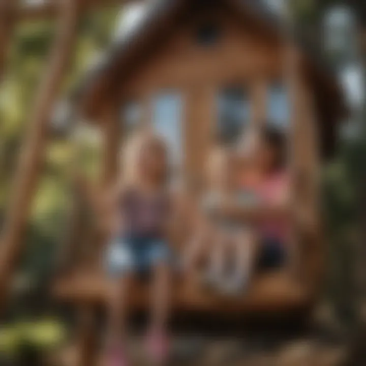 Parent happily watching children play on a cedar playhouse swing set