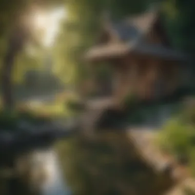 Tranquil Pond Escape Rustic wooden playhouse with a charming swing overlooking a serene pond