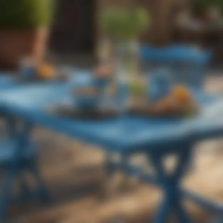 Outdoor wooden table painted in serene blue shade