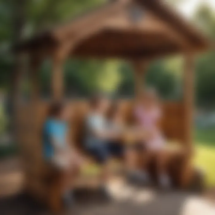 Kids engaging in collaborative games on bench-equipped outdoor playhouse