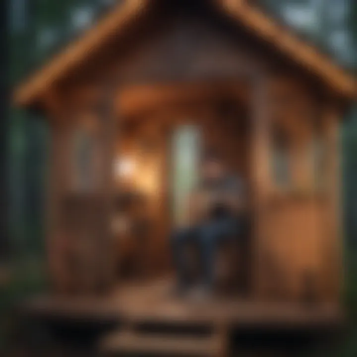 Teenager playing music in wooden playhouse