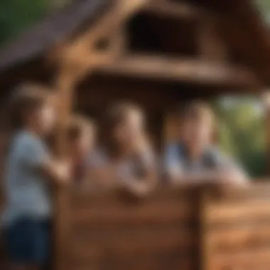 Joyful Imaginations Children happily playing inside a Timberlake wooden playhouse