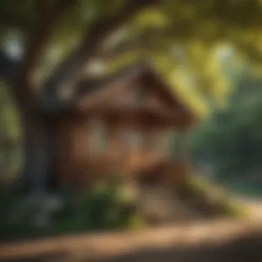 A cozy wooden playhouse nestled under a shady tree