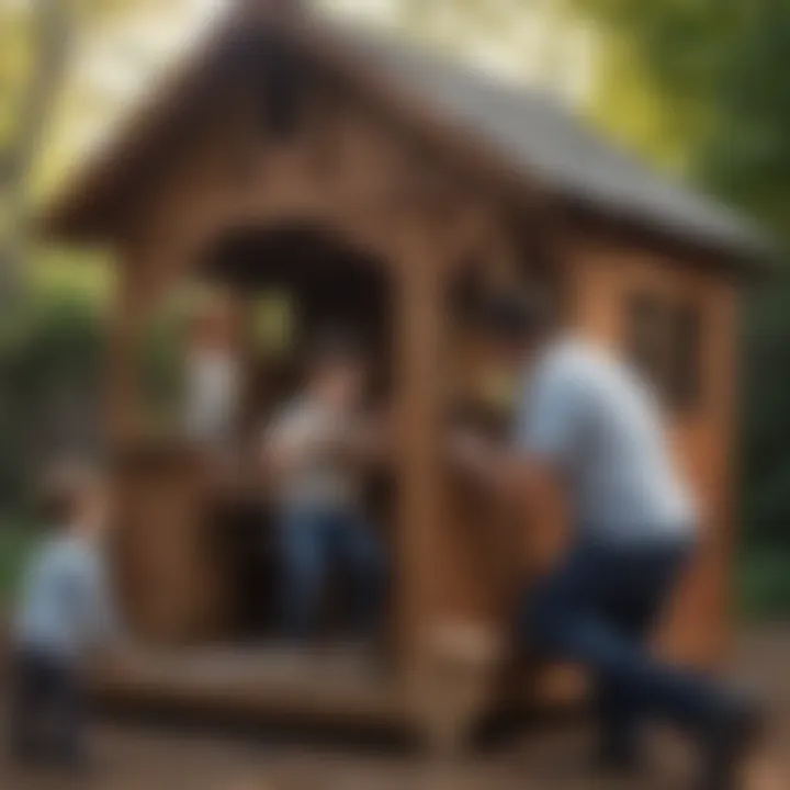 Parent and child assembling a playhouse kit together