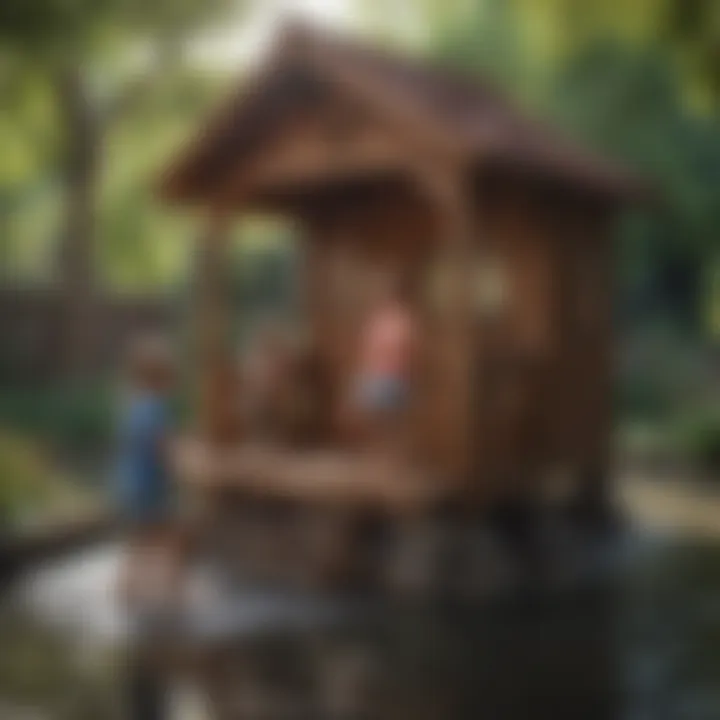 Children playing in outdoor playhouse with water table