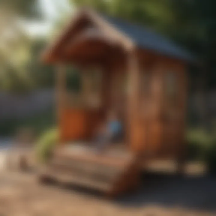 Children playing creatively in outdoor playhouse with benches