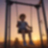 Child swinging on a playset under a vibrant sunset