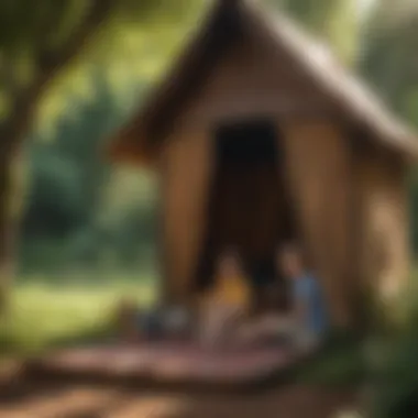 Kids playing under a whimsical playhouse tarp