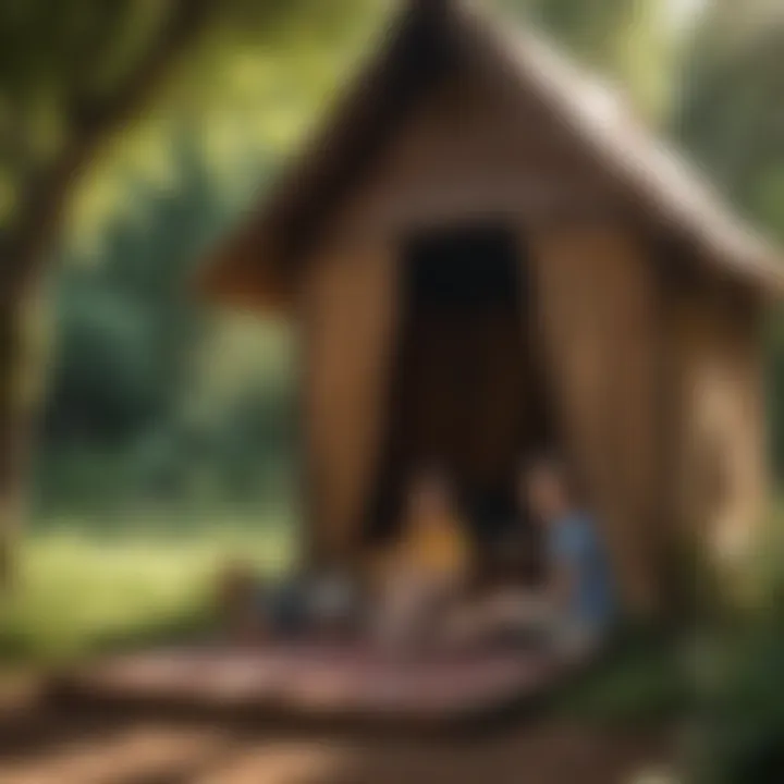 Kids playing under a whimsical playhouse tarp