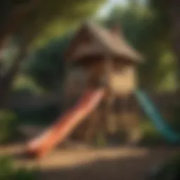 Children playing in a whimsical outdoor playhouse with a slide