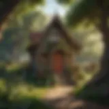 Children playing in a whimsical playhouse surrounded by nature