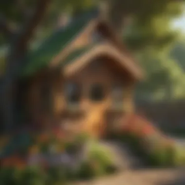 Floral Fantasy Hideaway Whimsical wooden playhouse surrounded by vibrant blooming flowers